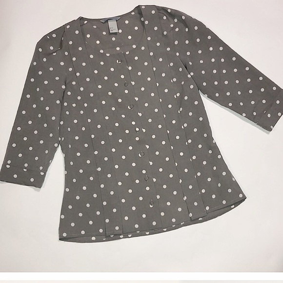 grey and white polka dot blouse